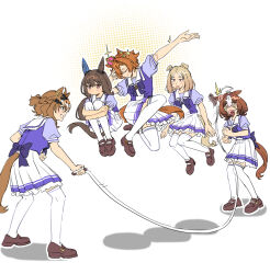  absurdres admire_vega_(umamusume) agay1996 animal_ears black_hair blonde_hair brown_hair brown_shoes commentary_request highres horse_ears horse_girl jump_rope jumping jungle_pocket_(umamusume) kneehighs meisho_doto_(umamusume) multiple_girls narita_top_road_(umamusume) orange_hair school_uniform shoes skirt socks t.m._opera_o_(umamusume) tail tracen_school_uniform umamusume white_background 