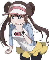  1girl :o black_pantyhose bright_pupils brown_hair clenched_hand commentary_request cowboy_shot ddakji_0025 double_bun eyelashes hair_bun hand_on_own_chin hand_up highres korean_commentary long_hair open_mouth pantyhose pokemon pokemon_black_2_and_white_2 raglan_sleeves rosa_(pokemon) shirt shorts simple_background solo sparkle stroking_own_chin three-quarter_sleeves twintails visor_cap white_background white_pupils yellow_shorts 