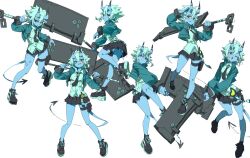  1girl black_necktie black_skirt blue_jacket blue_skin blush_stickers colored_skin demon_tail full_body furrype4ch highres holding holding_weapon horns jacket looking_at_viewer multiple_views necktie oni pleated_skirt salute simple_background skin-covered_horns skirt soukaku_(zenless_zone_zero) tail thigh_strap weapon white_background zenless_zone_zero 