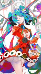  1girl absurdres aqua_eyes aqua_hair bag black_nails black_ribbon candy commentary_request crt double_dougnuts dress eye_symbol eyeball_hair_ornament eyeball_print food hatsune_miku highres holding holding_bag holding_candy holding_food holding_lollipop lollipop looking_at_viewer multicolored_hair offering_food psi_(vocaloid) red_dress ribbon signature solo twintails vocaloid white_background 