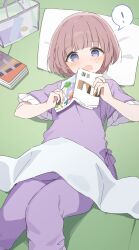  ! 1girl absurdres aged_down arimura_mao blush book commentary_request d: feet_out_of_frame gakuen_idolmaster head_on_pillow highres holding holding_book idolmaster lying mochigome_(ununquadium) on_back open_mouth pajamas pants pillow pink_hair purple_pajamas purple_pants purple_shirt shirt short_hair solo spoken_exclamation_mark violet_eyes 