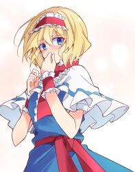  1girl alice_margatroid blonde_hair blue_dress blue_eyes blush capelet commentary_request dress frilled_hairband frilled_wrist_cuffs frills hairband highres ichimura_kanata looking_at_viewer red_hairband red_sash red_wrist_cuffs sash solo touhou waist_sash white_capelet wrist_cuffs 