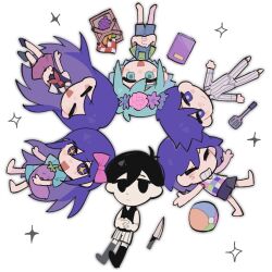  +_+ 2girls 4boys antenna_hair aubrey_(headspace)_(omori) aubrey_(omori) ball barefoot basil_(headspace)_(omori) basil_(omori) black_eyes black_hair black_socks black_tank_top blue_shirt book bow bright_pupils brother_and_sister brothers checkered_clothes chibi chibi_only closed_eyes closed_mouth collared_shirt commentary_request double-parted_bangs expressionless flower flower_wreath green_eyes green_hair green_shirt grin hair_between_eyes hair_bow head_wreath heighttt1991191 hero_(headspace)_(omori) hero_(omori) highres kel_(headspace)_(omori) kel_(omori) knife long_hair long_shirt long_sleeves looking_at_viewer mari_(headspace)_(omori) mari_(omori) multiple_boys multiple_girls neckerchief omori omori_(omori) open_mouth pajamas pants picnic_basket pink_bow purple_hair purple_shorts purple_sweater_vest red_neckerchief red_skirt shirt short_hair short_sleeves shorts siblings sidelocks simple_background skirt smile socks spatula striped_clothes striped_pajamas striped_pants striped_shorts sweater_vest t-shirt tank_top teeth vertical-striped_clothes vertical-striped_pajamas vertical-striped_pants vertical-striped_shorts violet_eyes white_background white_pupils white_shirt white_shorts 