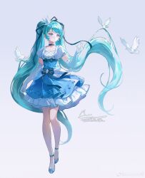  1girl aqua_eyes aqua_hair bird black_ribbon blue_dress chinese_commentary commentary_request crown dove dress earrings elbow_gloves full_body gloves grey_background hair_ribbon hatsune_miku highres jewelry lace-trimmed_dress lace-trimmed_sleeves lace_trim long_hair memory_mie mini_crown multicolored_dress musical_staff puffy_short_sleeves puffy_sleeves ribbon short_sleeves signature simple_background solo square_neckline twintails vocaloid white_dress white_gloves 