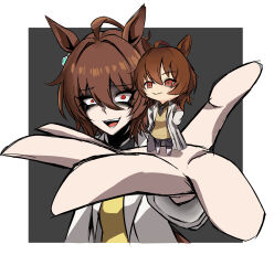  2girls :> :d absurdres agnes_tachyon_(tach-nology)_(umamusume) agnes_tachyon_(umamusume) ahoge animal_ears black_eyeshadow border brown_hair chibi commentary derivative_work dual_persona earrings english_commentary eyeshadow foreshortening grey_background hair_between_eyes highres horse_ears horse_girl jewelry lab_coat long_sleeves looking_at_viewer makeup multiple_girls nagai_negi necktie outside_border outstretched_arm red_eyes shirt single_earring sleeves_past_fingers sleeves_past_wrists smile sweater umamusume upper_body white_border wide-eyed yellow_sweater 