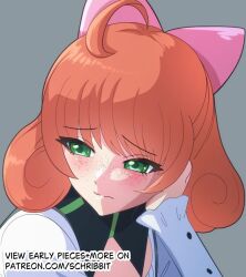  1girl ahoge bow clip_studio_paint_(medium) closed_mouth commentary cropped english_commentary english_text eyelashes freckles green_eyes grey_background hair_bow hand_on_own_face long_sleeves medium_hair orange_hair patreon_username penny_polendina pink_bow portrait rwby schrwby simple_background solo split_mouth web_address 