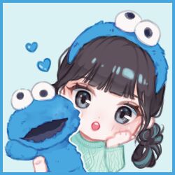  1girl bad_id bad_twitter_id blue_border blue_streaks blunt_bangs blush border chibi commentary double_bun elmo gfriend hair_bun heart looking_at_viewer lowres multicolored_hair open_mouth rin_yes2 sesame_street streaked_hair sweater untranslatable_commentary yerin_(gfriend) 