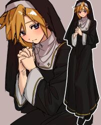  1boy black_dress black_veil blonde_hair blue_eyes cloud_strife commentary_request cross cross_necklace crossdressing crossdressing_(mtf) dress final_fantasy final_fantasy_vii highres interlocked_fingers jewelry light_blush multiple_views necklace nun nun_headdress solo suisui_434 traditional_nun trap veil 