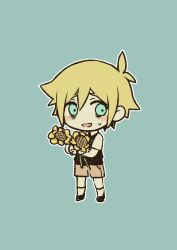  1boy absurdres antenna_hair basil_(faraway)_(omori) basil_(omori) black_shoes blonde_hair blue_eyes blush brown_shorts chibi chibi_only collared_shirt commentary_request double-parted_bangs flower full_body green_sweater_vest hair_between_eyes highres holding holding_flower invisible_floor looking_at_viewer male_focus manimani_(mani_ma) omori open_mouth outline shirt shoes short_hair short_sleeves shorts sidelocks socks solo standing sunflower sweatdrop sweater_vest white_outline white_shirt white_socks 