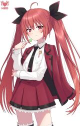 1girl birthday blazer blush bow candy commentary_request date_a_live food hair_bow hair_ribbon happy_birthday highres itsuka_kotori jacket lime_ill_10 lollipop long_hair looking_at_viewer necktie red_eyes red_hair ribbon school_uniform smile solo standing twintails white_background 