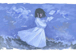  1girl artist_name black_hair blue_sky blue_theme blunt_bangs bob_cut closed_eyes closed_mouth clouds cloudy_sky coat commentary_request cowboy_shot day dress earphones earphones english_text floating_clothes flying_paper from_side highres holding holding_paper light_particles listening_to_music long_sleeves ocean original outdoors paper profile short_hair sky sola0316 solo standing wading water waves white_coat white_dress wind 