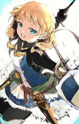  1girl armor armored_boots black_bodystocking black_bodysuit black_pantyhose blonde_hair blue_eyes bodysuit bodysuit_under_clothes boots breasts buckler commentary_request dress fencer_(sekaiju) fencer_2_(sekaiju) gauntlets greaves highres long_hair open_mouth pantyhose sekaiju_no_meikyuu sekaiju_no_meikyuu_5 shield small_breasts smile solo sword thigh_boots tsutsugano twintails weapon 