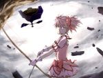  bow_(weapon) bubble_skirt gloves highres kaname_madoka koichi_uru light light_smile looking_at_viewer magical_girl mahou_shoujo_madoka_magica pink_eyes pink_hair short_hair smile twintails walpurgis_no_yoru_(madoka_magica) walpurgisnacht_(madoka_magica) weapon white_gloves 