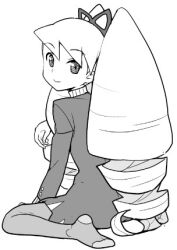  1girl bad_id bow dress drill_hair greyscale hair_bow heriyama long_hair looking_at_viewer lowres luna_platz_(mega_man) mega_man_(series) mega_man_star_force_(series) monochrome pantyhose simple_background sitting smile twin_drills very_long_hair white_background 