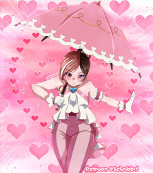  1girl alternate_hair_length_(shorter) bare_shoulders blush brown_eyes brown_hair clip_studio_paint_(medium) closed_mouth commentary english_commentary eyelashes gloves heart heart_background heterochromia holding holding_umbrella multicolored_hair neopolitan_(rwby) official_alternate_costume official_alternate_hairstyle pants parasol patreon_username pink_background pink_eyes pink_hair pink_pants pink_theme rwby schrwby shirt short_hair smile solo split-color_hair split_mouth streaked_hair striped_clothes striped_pants umbrella vertical-striped_clothes vertical-striped_pants white_gloves white_hair white_shirt white_streaks 