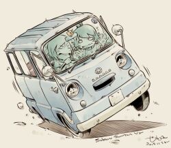  2girls against_glass blue_car car closed_eyes commentary_request dated driving fang flying_sweatdrops grey_background hand_on_glass kogure_yuzuha looking_at_another momose_riko motor_vehicle multiple_girls o_o open_mouth scared sekihan signature simple_background skin_fang smile subaru_(brand) subaru_sambar teeth upper_teeth_only van vehicle_focus vehicle_name zesshaka!_shiritsu_yotsuwa_joshi_gakuin_zetsumetsu_kigu-sha_gakka 