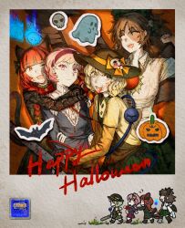  4girls absurdres adapted_costume aeronmeri_19198 animal_ears apron bat_(animal) bird_wings black_hat blood blood_on_face blue_shirt bow bowtie braid brown_hair brown_wings buttons cape cat_ears chainsaw chest_eye chibi chibi_inset collared_shirt diamond_button disembodied_linked_eye dress eyeball fang feathered_wings fire flaming_skull floating_skull frankenstein's_monster_costume frilled_shirt_collar frills ghost green_apron green_bow green_dress green_eyes green_hair green_skirt hair_bow hair_ornament hairband halloween halloween_costume happy_halloween hat hat_bow heart heart_hair_ornament highres holding holding_chainsaw hug hug_from_behind jack-o'-lantern kaenbyou_rin komeiji_family_(touhou) komeiji_koishi komeiji_satori long_hair long_sleeves multiple_girls multiple_tails nekomata object_through_head open_mouth orange_cape pink_eyes pink_hair pushing red_bow red_bowtie red_eyes red_hair red_hairband reiuji_utsuho screw_in_head shirt siblings sisters skirt skull smile stitched_face stitches tail third_eye touhou two_tails white_shirt wide_sleeves wings yellow_bow yellow_shirt 