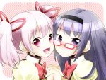  2girls akemi_homura artist_request blush female glasses grin hairband hands_clasped kaname_madoka long_hair mahou_shoujo_madoka_magica multiple_girls pink_eyes pink_hair purple_hair school_uniform serafuku source_request twintails violet_eyes 