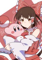  1girl absurdres ascot blush blush_stickers bow brown_eyes brown_hair closed_mouth colored_skin commentary_request crossover detached_sleeves frilled_bow frilled_hair_tubes frills gohei hair_bow hair_tubes hakurei_reimu highres hug kirby kirby_(series) long_hair looking_at_viewer mirufu orb pink_skin red_bow red_skirt ribbon-trimmed_sleeves ribbon_trim skirt skirt_set touhou yellow_ascot yin_yang yin_yang_orb 