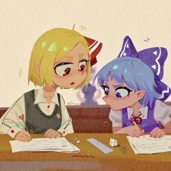  3girls absurdres black_vest blonde_hair blue_bow blue_dress blue_eyes blue_hair blue_vest blurry bow cheating_(competitive) chinese_commentary cirno collared_shirt commentary_request crumpled_paper depth_of_field dress eraser grmarsa hair_bow hair_ribbon hands_on_own_hips highres holding holding_pencil kamishirasawa_keine multiple_girls neck_ribbon pencil pointy_ears puffy_short_sleeves puffy_sleeves red_eyes red_ribbon ribbon ruler rumia shirt short_hair short_sleeves touhou vest white_shirt writing 