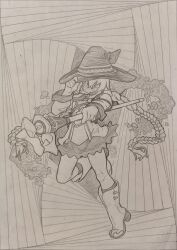  1girl absurdres black_skirt boots braid breasts crossed_bangs graphite_(medium) greyscale hair_between_eyes hat hatching_(texture) highres large_hat linear_hatching long_hair looking_at_viewer mage_staff meccha_chameleon mechanical_pencil monochrome mushoku_tensei open_mouth paper_background pencil photo_(medium) ripples roxy_migurdia self-upload sergent_magnom skirt small_breasts smile solo staff traditional_media twin_braids very_long_braid water water_drop witch_hat 