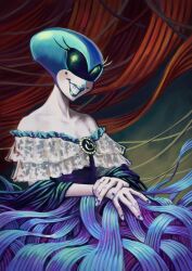 1girl absurdres blue_nails blush colored_skin commentary curtains deltarune dress english_commentary eyelashes highres mole mole_under_eye painterly queen_(deltarune) scallybag01 smile solo utdr_(toby_fox) white_skin wire 