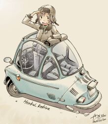 1girl arm_rest arm_up aviator_cap black_eyes blue_car blue_pants brown_hair brown_hat car commentary_request dated green_jacket grey_background hat heinkel_kabine jacket momose_riko motor_vehicle open_mouth open_roof_top pants salute sekihan short_hair signature simple_background smile solo standing teeth three-wheeler through_sunroof upper_teeth_only vehicle_name zesshaka!_shiritsu_yotsuwa_joshi_gakuin_zetsumetsu_kigu-sha_gakka 