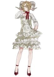  1boy 404-chan_(22_0724) blonde_hair breast_padding breasts choker closed_mouth collarbone commentary contrapposto curtained_hair dress droopy_ears english_commentary expressionless frilled_dress frills full_body green_eyes hair_over_one_eye hand_on_own_ear hand_up high_heels highres holding_own_dress horizontal_pupils horns light_frown long_sleeves looking_at_viewer male_focus medium_dress one_eye_covered original pointy_ears red_ribbon red_shoes ribbon ribbon_choker sheep_boy sheep_horns shoes short_hair shrug_(clothing) simple_background small_breasts solo standing straight-on trap white_background white_dress white_shrug 