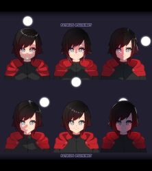  1girl art_study black_hair clip_studio_paint_(medium) closed_mouth eyelashes gradient_hair green_eyes grey_background highres hood hood_down letterboxed lighting_study multicolored_hair multiple_views patreon_username red_hair ruby_rose rwby schrwby smile split_mouth two-tone_hair 