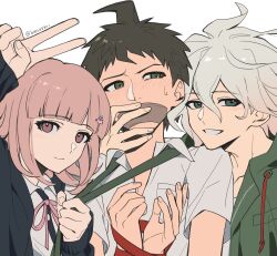  1girl 2boys ahoge ban45601 bound bound_wrists brown_hair clothes_grab collared_shirt commentary_request danganronpa_(series) danganronpa_2:_goodbye_despair flipped_hair gag green_jacket grey_hair grin hair_between_eyes hair_ornament highres hinata_hajime improvised_gag jacket komaeda_nagito long_sleeves looking_at_viewer medium_hair messy_hair multiple_boys nanami_chiaki neck_ribbon necktie necktie_grab neckwear_grab open_clothes open_jacket open_mouth pink_eyes pink_ribbon ribbon shirt short_hair smile tape tape_gag white_hair white_shirt 