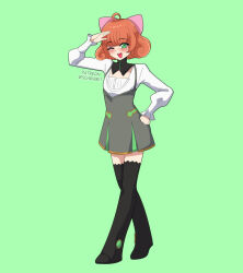 1girl :d ;d ahoge arm_up black_boots blush boots bow clip_studio_paint_(medium) commentary curly_hair dress english_commentary eyelashes full_body green_background green_eyes grey_dress hair_bow hand_on_own_hip highres long_sleeves one_eye_closed open_mouth orange_hair patreon_username penny_polendina pinafore_dress pink_bow rwby salute schrwby shirt short_hair simple_background sleeveless sleeveless_dress smile solo teeth upper_teeth_only white_shirt 