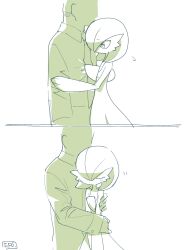  1boy absurdres artist_name bob_cut closed_eyes commentary_request dress faceless faceless_male gardevoir hair_over_one_eye highres hime_takeo hug pokemon pokemon_(creature) shirt signature simple_background white_background 