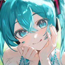  1girl absurdres aqua_eyes aqua_hair aqua_nails bare_shoulders close-up colored_eyelashes fingernails green_background grey_shirt hair_between_eyes hair_ornament hatsune_miku head_on_hands headset highres light_blush long_hair looking_at_viewer nail_polish projectyumi shirt simple_background sleeveless sleeveless_shirt smile solo tongue tongue_out twintails vocaloid 