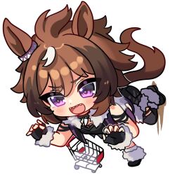  1girl animal_ears black_gloves blush breasts brown_hair chibi chocola_vt claw_pose commentary fingerless_gloves fur-trimmed_gloves fur-trimmed_jacket fur-trimmed_shorts fur-trimmed_vest fur_trim gloves hair_between_eyes hair_tuft highres horse_ears horse_girl horse_tail jacket jewelry multicolored_hair necklace open_mouth purple_vest sharp_teeth shinko_windy_(umamusume) shinko_windy_(wicked_punk)_(umamusume) shirt shopping_cart shorts sleeveless sleeveless_jacket smile solo tail teeth thigh-highs tooth_necklace torn_clothes torn_thighhighs umamusume vest violet_eyes 