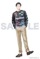  1boy black_hair black_sweater brown_shoes commentary company_name copyright_notice full_body hands_in_pockets loafers long_sleeves looking_at_viewer male_focus nijisanji official_alternate_costume official_art pants print_sweater sample_watermark shoes short_hair simple_background solo sweater virtual_youtuber watermark white_background woonak yashiro_kizuku yellow_pants 