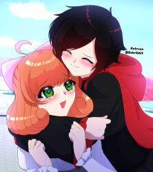  2girls :3 ahoge black_hair blue_sky blush bow cape clip_studio_paint_(medium) closed_eyes closed_mouth clouds commentary day english_commentary eyelashes freckles gradient_hair green_eyes hair_bow highres hood hood_down hooded_cape hug long_sleeves medium_hair multicolored_hair multiple_girls open_mouth orange_hair patreon_username penny_polendina pink_bow red_cape red_hair ruby_rose rwby schrwby short_hair sky smile split_mouth two-tone_hair 
