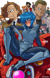  3girls aramaki_daisuke batou_(gits) blue_hair blush bodysuit boma_(gits) commentary cyberpunk darkerevet english_commentary fuchikoma ghost_in_the_shell highres ishikawa_(gits) kurutan kusanagi_motoko mature_male multiple_girls nurse operator_(gits) paz_(gits) red_eyes robot saitou_(gits) scar sitting_on_robot smirk spider_tank the_ghost_in_the_shell_(2026) togusa_(gits) 