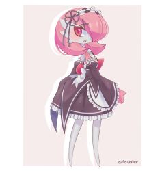  1girl bellavoirr blush colored_skin cosplay cross_hair_ornament detached_sleeves gardevoir hair_ornament hair_over_one_eye looking_at_viewer maid multicolored_skin pink_eyes pink_hair pink_skin pokemon pokemon_(creature) ram_(re:zero) ram_(re:zero)_(cosplay) re:zero_kara_hajimeru_isekai_seikatsu simple_background two-tone_skin white_skin 