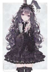  1girl absurdres animal_ears black_dress black_hair black_thighhighs bow brooch commentary_request cross dress empty_eyes frilled_dress frilled_thighhighs frills gothic_lolita hair_bow highres jewelry lace-trimmed_dress lace-trimmed_sleeves lace_trim lolita_fashion long_hair looking_at_viewer original paruno rabbit_ears smile solo thigh-highs violet_eyes wavy_hair wide_sleeves zettai_ryouiki 