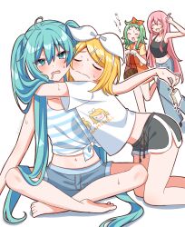  4girls absurdres ahoge alternate_costume aqua_eyes aqua_hair blonde_hair bow breasts closed_eyes commentary_request dolphin_shorts drooling food green_hair gumi hair_bow hair_ornament hairclip hatsune_miku highres holding holding_food holding_popsicle hug hug_from_side indian_style kagamine_rin large_breasts long_hair looking_at_viewer megurine_luka mirumiru_(miru36i) multiple_girls navel open_mouth parallel_hairclips pink_hair popsicle shirt short_hair shorts simple_background sitting small_breasts tied_shirt vocaloid white_background white_shirt 