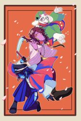  1boy 1girl 1other alternate_costume blue_hair blue_skin border cherry_blossoms colored_skin commentary_request deltarune flower goat_boy goat_horns highres holding holding_scythe holding_sword holding_weapon horns katana kingyo_isuzu kris_(dark_world)_(deltarune) kris_(deltarune) orange_background petals pink_flower pink_horns pink_petals pink_scarf ralsei scarf scythe susie_(dark_world)_(deltarune) susie_(deltarune) sword utdr_(toby_fox) weapon white_fur 