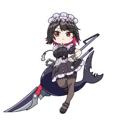  1girl absurdres black_hair blush breasts closed_mouth colored_inner_hair commentary_request ellen_joe fins fish_tail full_body hair_ornament hairband hand_on_own_hip highres holding holding_weapon large_tail looking_at_viewer maid maid_headdress metal_hairband mimi_(mimi_ganbaruzo) multicolored_hair pantyhose razor_blade_hair_ornament red_eyes red_hair shark_girl shark_tail short_hair simple_background solo spiked_headband tail two-tone_hair weapon white_background zenless_zone_zero 