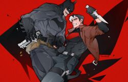  2boys batman batman_(series) batman_symbol belt black_bodysuit black_cape black_gloves black_hair blossviaryl blue_eyes bodysuit brown_jacket bruce_wayne cape cowl dc_comics gloves grey_bodysuit highres holding jacket jason_todd male_focus mask multicolored_bodysuit multicolored_hair multiple_boys muscular muscular_male open_clothes pants pectorals red_background red_hood_(dc) red_hood_and_the_outlaws short_hair superhero_costume tight_clothes two-tone_bodysuit two-tone_hair utility_belt 