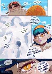  2girls absurdres artist_name beanie blue_hair bright_pupils commentary earrings english_commentary english_text goggles goggles_on_headwear grey_hair hat highres jewelry kisa_(liuskin) liuskin multiple_girls multiple_views orange_eyes orange_hat original pink_lips pointy_ears slit_pupils snow snow_angel speech_bubble tiamat_(liuskin) white_pupils 