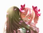  2girls akemi_homura black_hair hair_bow hug kaname_madoka long_hair magical_girl mahou_shoujo_madoka_magica pink_hair red_eyes source_request twintails white 