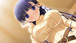  1girl belt black_hair blue_eyes breasts brown_belt ceiling closed_mouth cross_hair_ornament dutch_angle from_below game_asset hair_ornament hairclip highres impossible_clothes impossible_sweater indoors kirishima_saki_(konakana) konakana_2:_konata_yori_kanata_made_ii large_breasts light_smile long_hair long_sleeves looking_at_viewer looking_down minase_(dragon_panda) non-web_source pov self-datamine smile sweater tucking_hair turtleneck turtleneck_sweater yellow_sweater 