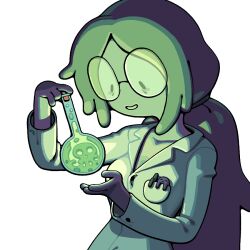  1girl adventure_time bottle colored_skin discount-supervillain glasses lab_coat long_hair naked_lab_coat official_alternate_costume pendleton_ward_(style) pink_hair pink_skin princess_bonnibel_bubblegum simple_background skull smile toon_(style) very_long_hair 
