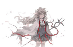  1girl absurdres ahoge animal_ears arknights black_dress black_thighhighs bright_pupils brown_hair brown_thighhighs burnt_clothes cloak closed_mouth commentary_request cowboy_shot dress eyjafjalla_(arknights) floating_hair frilled_dress frills highres holding holding_staff horns long_hair long_sleeves looking_at_viewer mask mask_around_neck red_eyes red_ribbon respirator ribbon sheep_ears sheep_girl sheep_horns short_dress simple_background sola0316 solo staff standing thigh-highs torn_cloak torn_clothes torn_dress white_background white_cloak white_pupils zettai_ryouiki 