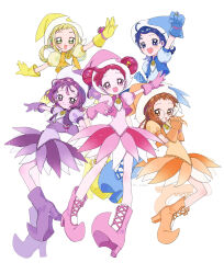  5girls :d ahoge arm_up asuka_momoko blonde_hair blue_boots blue_dress blue_eyes blue_gloves blue_hair blue_hat blue_jacket boots bracelet clenched_hands closed_mouth commentary cropped_jacket double_bun dress earrings fujiwara_hazuki full_body glasses gloves green_eyes hair_bun hair_ornament hair_rings harukaze_doremi hat high_heel_boots high_heels highres index_finger_raised jacket jewelry knee_up lace-up_boots long_hair looking_at_viewer magical_girl mashiro medium_hair multiple_girls musical_note musical_note_hair_ornament ojamajo_doremi one_side_up open_clothes open_jacket open_mouth orange_boots orange_dress orange_eyes orange_gloves orange_hair orange_hat orange_jacket outstretched_arm own_hands_clasped own_hands_together pink_boots pink_dress pink_gloves pink_hair pink_hat pink_jacket pointy_boots puffy_short_sleeves puffy_sleeves purple_boots purple_dress purple_gloves purple_hair purple_hat purple_jacket raised_eyebrows red_eyes red_hair ring round_eyewear segawa_onpu senoo_aiko short_dress short_hair short_sleeves simple_background smile sphere_earrings thick_eyebrows twitter_username untranslatable_commentary violet_eyes white_background witch witch_hat yellow_boots yellow_dress yellow_gloves yellow_jacket 