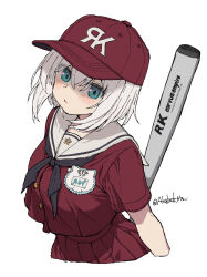  1girl aqua_eyes ars_almal baseball_bat baseball_cap black_neckerchief breasts character_name commentary cropped_arm cropped_legs grey_hair hat highres looking_at_viewer medium_hair name_tag neckerchief nijisanji nijisanji_koshien pleated_skirt red_shirt red_skirt sailor_collar school_uniform serafuku shirt short_sleeves simple_background skirt solo tatami_kami twitter_username virtual_youtuber white_background 